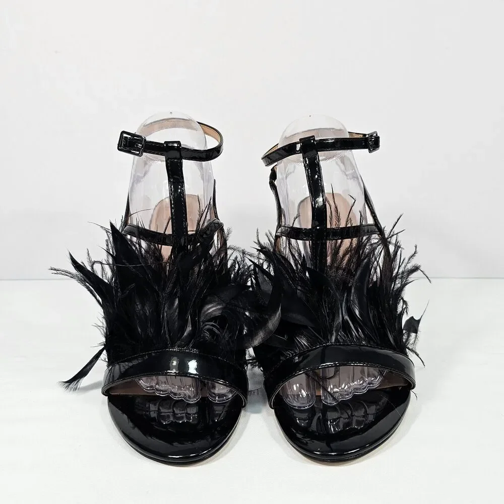Halston Heritage Tasha Black Patent Feather Ankle Strap Sandals 4